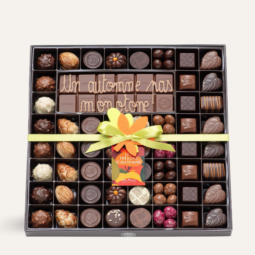 BOITE CHOCOLATS D'AUTOMNE ASSORTIS ET TABLETTE PERSONNALISABLE